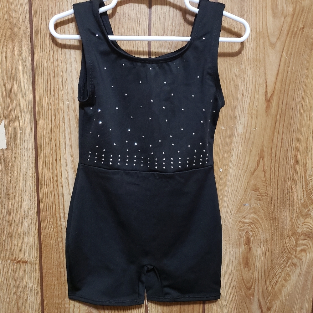 Girls Dance/ Gymnastics Sleeveless Shorts Leotard Black/ Slvr XSmall (4/5) New